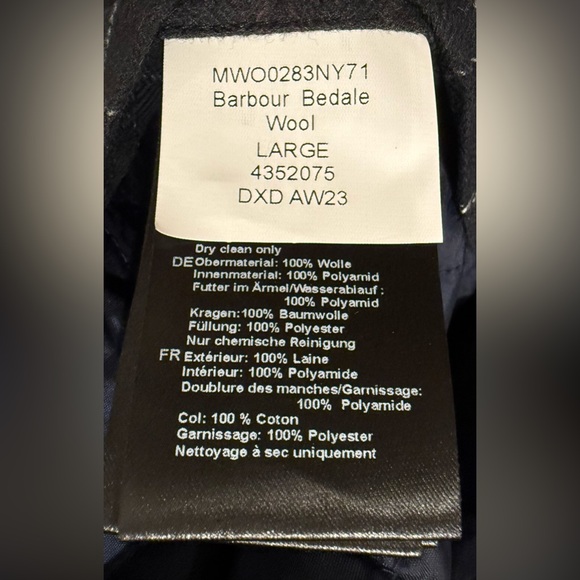 NWTs Barbour Wool Bedale Jacket. Navy. Large - Picture 10 of 12